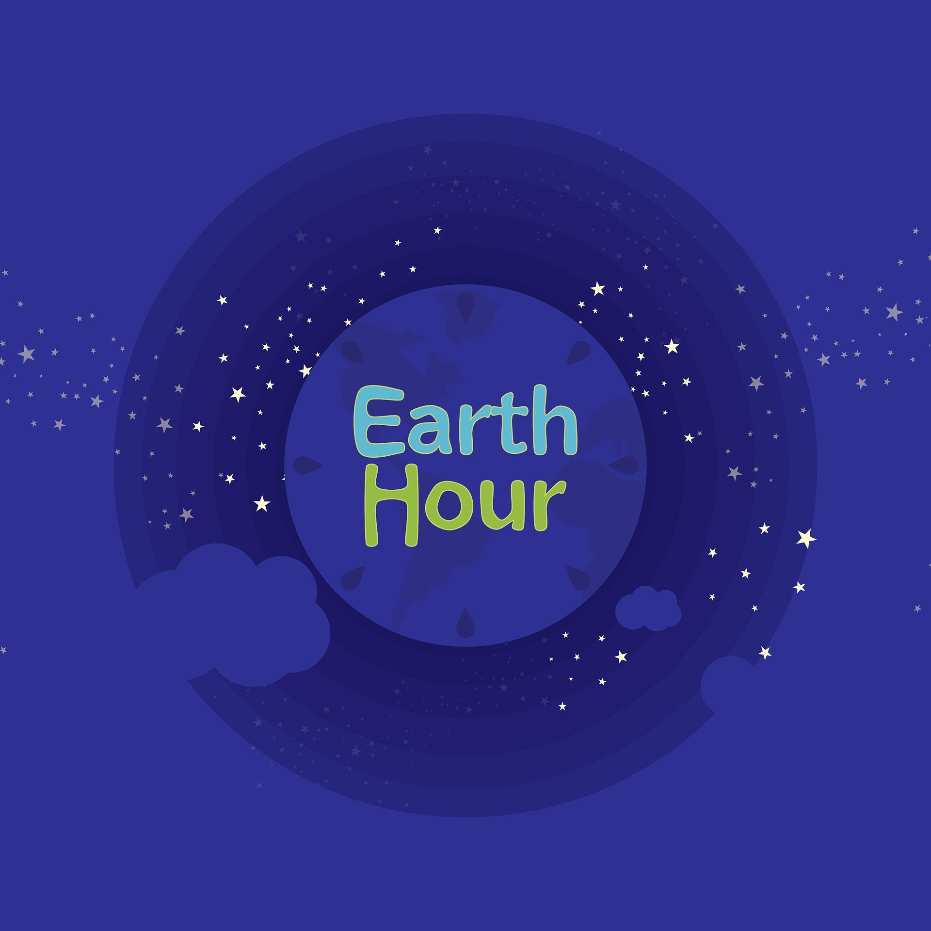 Blue image showing the planet  with the words Earth Hour