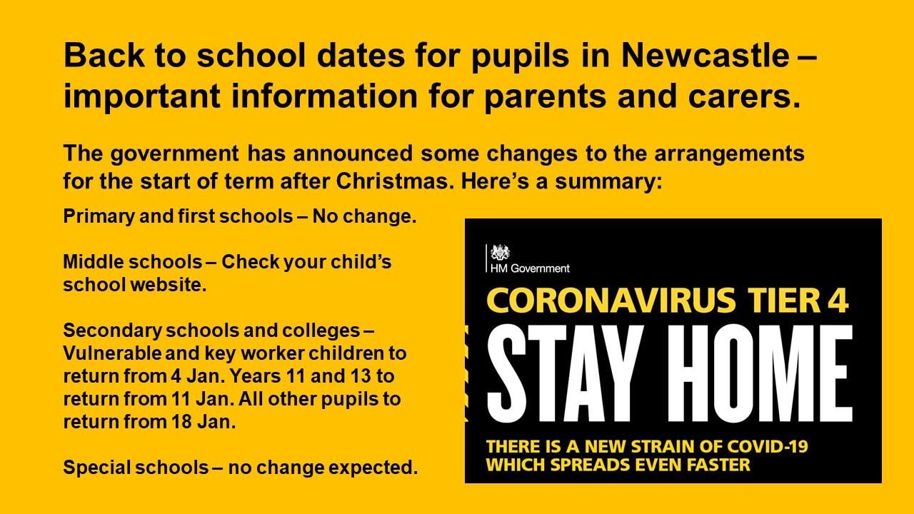 A yellow and black graphic containing text giving back to school dates and the Tier 4 Stay Home warning.