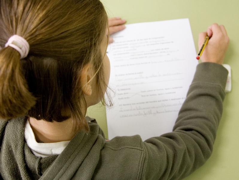 Photo of the back of a young girl with her hair in a ponytail and wearing a grey jumper looking down at a piece of paper with a pencil in her right hand.