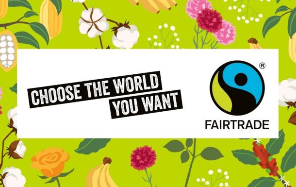 An illustration of Fairtrade products with the Fairtrade logo and the slogan "Choose the world you want"