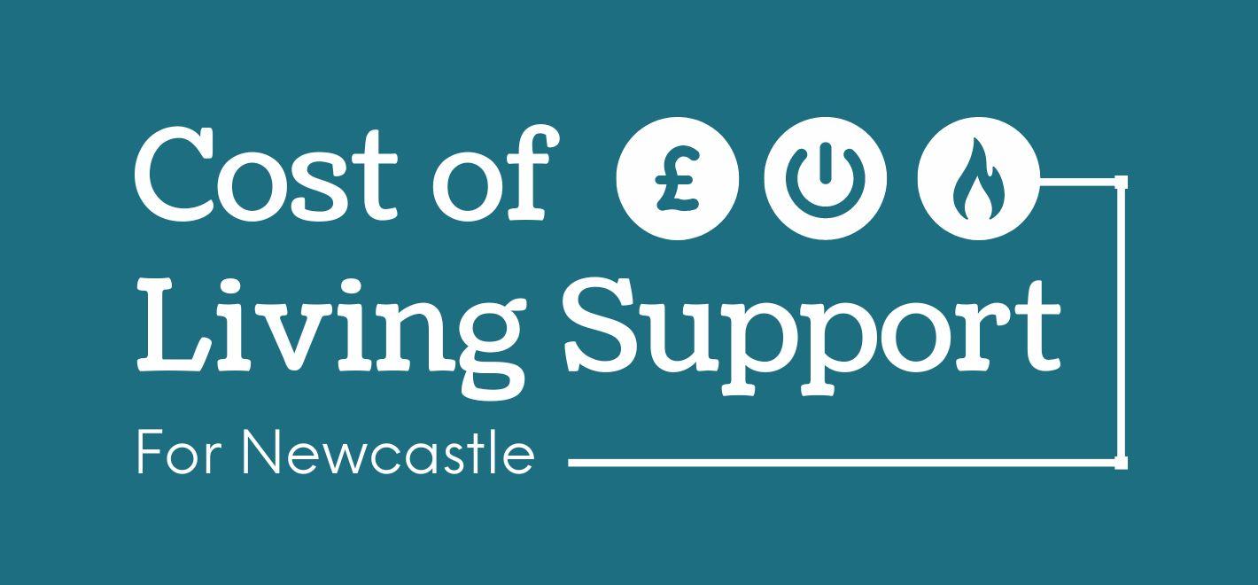 Cost of Living Support for Newcastle with pound sterling symbol, on symbol and flame icon